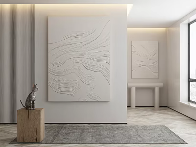Minimalist Modern Interior With Large White Relief Paintings Cat Figurine And Gray Rug 3d model