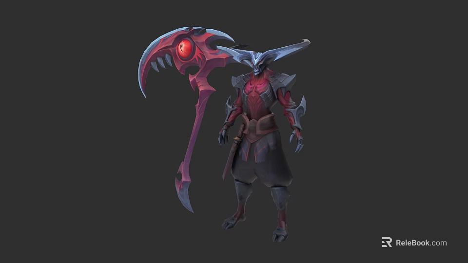 Fantasy Game Character With Red Eyes Horns And Scythe Weapon Design 3d model 