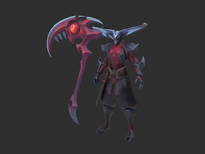 Fantasy Game Character With Red Eyes Horns And Scythe Weapon Design 3d model
