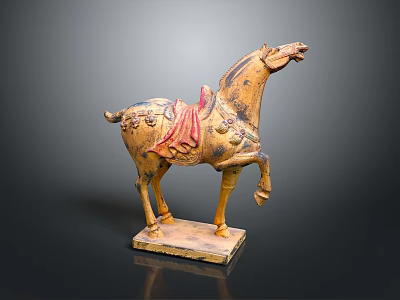 Golden Horse Sculpture With Red Saddle Decorative Patterns And Square Base 3d model