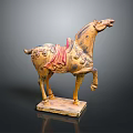 Golden Horse Sculpture With Red Saddle Decorative Patterns And Square Base