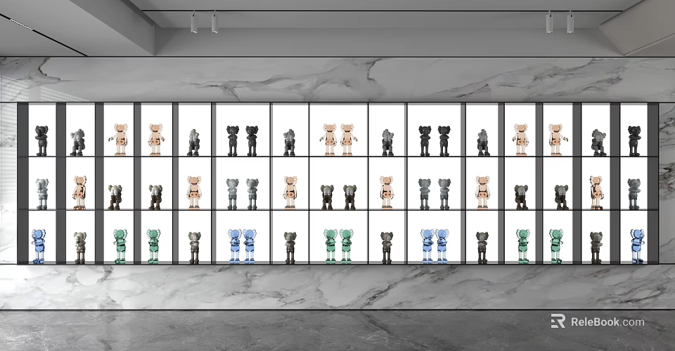 Open Display Shelf With Colorful Small Dolls Arranged In Multiple Compartments 3d model 