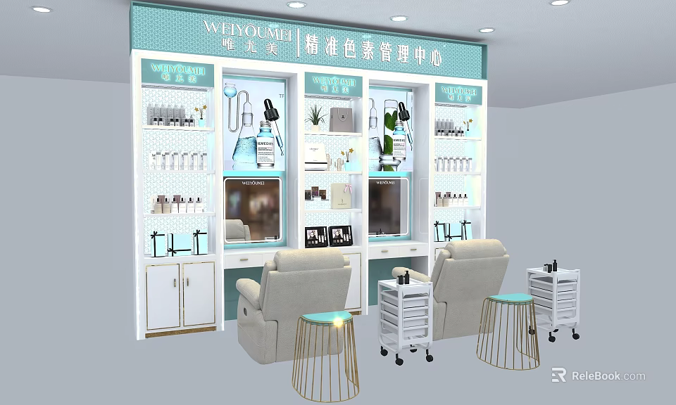 Elegant Color Palette Matching Specialty Store With Display Shelves Products And Comfortable Seating 3d model 