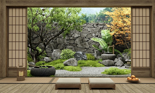 Japanese-style dry landscape courtyard landscape micro-terrain landscape stone water bowl rain chain plant landscape arbor 3d model