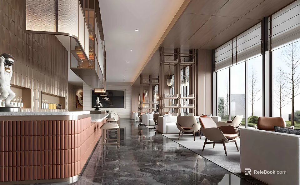 Modern Sales Office Interior Design With Spacious Layout Comfortable Seating And Large Windows 3d model 