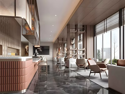 Modern Sales Office Interior Design With Spacious Layout Comfortable Seating And Large Windows 3d model