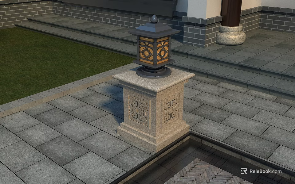 Outdoor Light With Carved Stone Base Hollow Design On Stone Tiled Ground And Lawn Brick Wall 3d model 