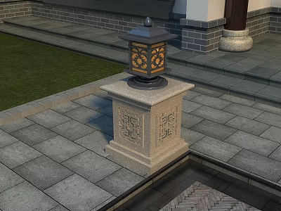 Outdoor Light With Carved Stone Base Hollow Design On Stone Tiled Ground And Lawn Brick Wall 3d model