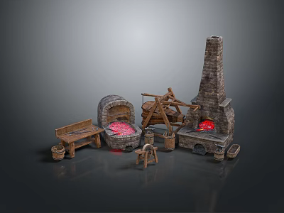 Traditional Architectural Components With Stone Fireplace Arch Wooden Bench And Clay Pots 3d model