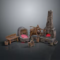 Traditional Architectural Components With Stone Fireplace Arch Wooden Bench And Clay Pots