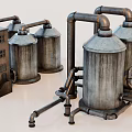 Industrial Equipment With Metal Tanks Connected Piping Systems And Control Cabinet