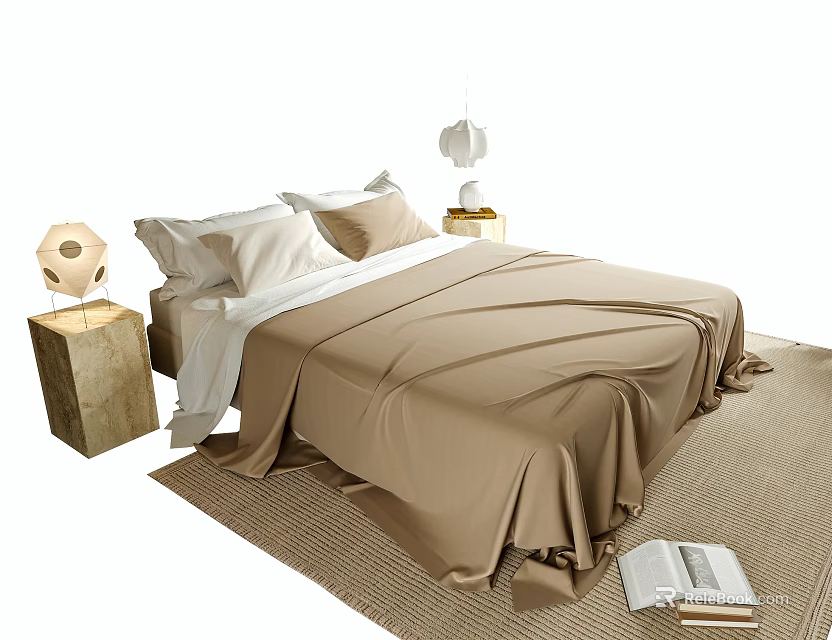Modern Double Bed With Beige Bedspread White Pillows Bedside Lamps And Rug 3d model 