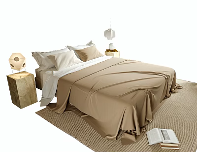 Modern Double Bed With Beige Bedspread White Pillows Bedside Lamps And Rug 3d model