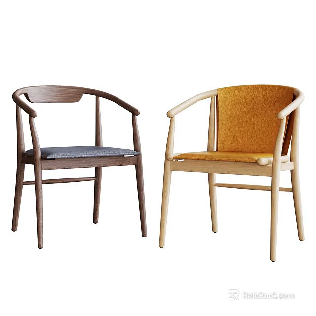 Two Modern Dining Chairs With Wooden Frames And Gray Orange Cushions 3d model