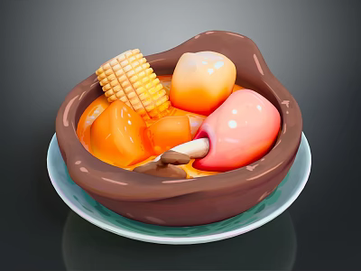 Chicken Drumstick Served in Brown Bowl With Corn Carrots Mushrooms on Blue Plate 3d model