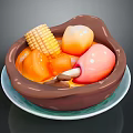 Chicken Drumstick Served in Brown Bowl With Corn Carrots Mushrooms on Blue Plate