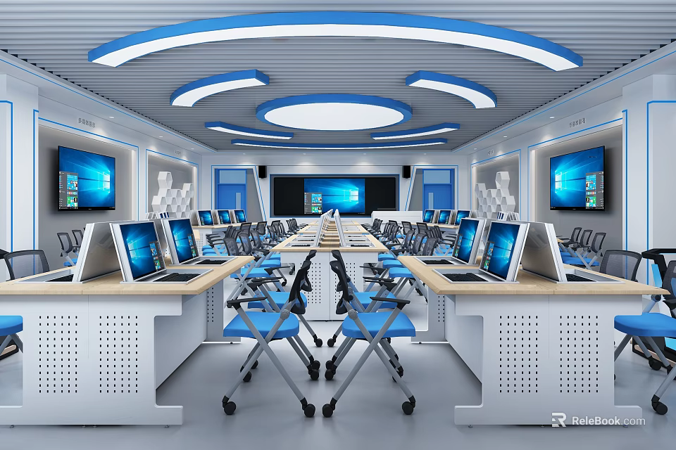 Modern School Classroom Featuring Computers Blue Chairs White Desks Wall Screens and Blue Ceiling Lights 3d model 