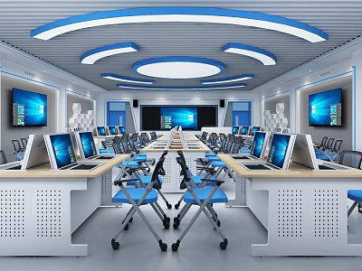 Modern School Classroom Featuring Computers Blue Chairs White Desks Wall Screens and Blue Ceiling Lights 3d model