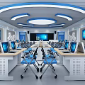 Modern School Classroom Featuring Computers Blue Chairs White Desks Wall Screens and Blue Ceiling Lights