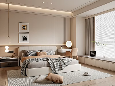 Cozy Modern Bedroom Interior With Bed Nightstand Wall Art And Pendant Lights 3d model