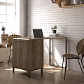Modern Wooden Desk With Laptop Cup Books Plant And Woven Back Chairs By Brick Wall