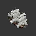 Classic Wooden Sailing Ship Railings With White Sails And Brown Hull 3d model