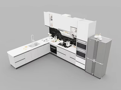 Modern White Kitchen Interior Design With Cabinets Island Counter Sink And Appliances 3d model