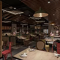 Modern Restaurant Interior With Colorful Chairs Wooden Ceiling Large Windows And Pink Flowers