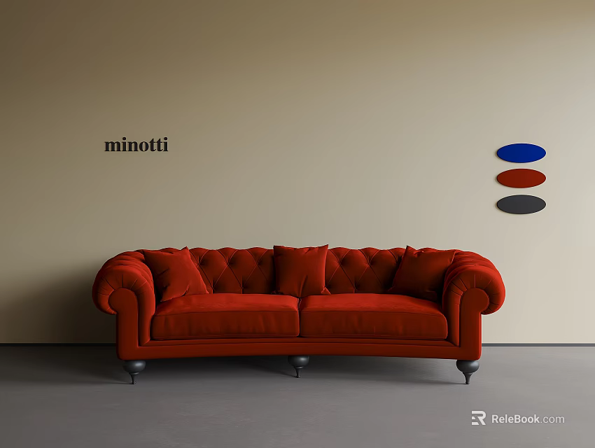Red Double Sofa with Tufted Design Metal Legs by Minotti in Beige Wall Circular Decor 3d model 