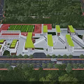 Modern School Building Campus Aerial View With Green Roofs Playground And Trees