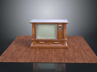 Vintage Wooden TV Stand With Classic Television And Drawers On Wooden Floor 3d model