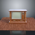 Vintage Wooden TV Stand With Classic Television And Drawers On Wooden Floor