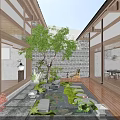 Long Wooden Table With Light Colored Chairs Long Pendant Light Bamboo Blinds Stone Wall Courtyard