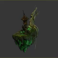 Enchanted Treehouse Building On Floating Island With Withered Tree Small Flag And Green Glowing Crystals