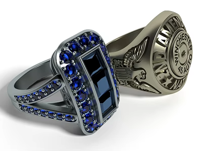 Elegant Luxury Rings Featuring Rectangular Blue Gemstones Metallic Band Engraved Patterns And Inscriptions 3d model