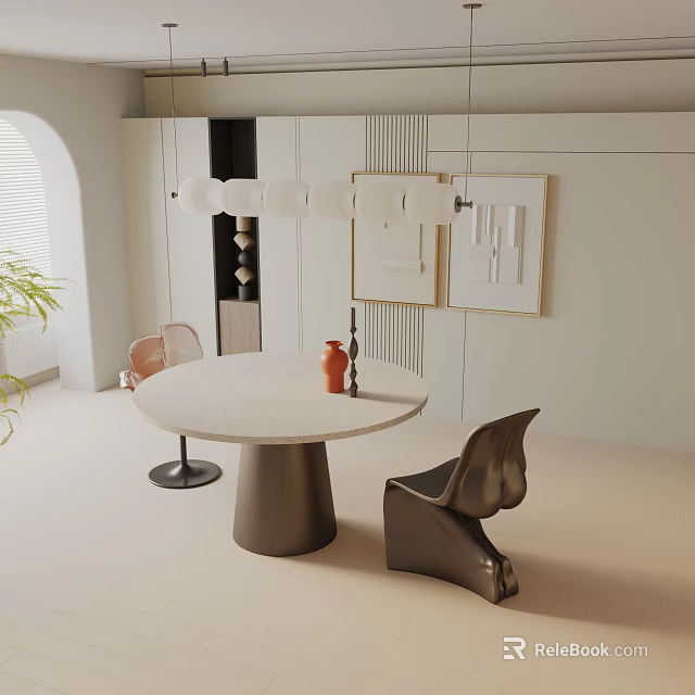 Modern Dining Table Set With Round White Tabletop Chairs Pendant Lights And Wall Art 3d model