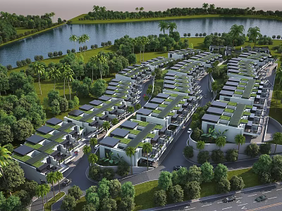 Scenic Townhouses Community With Lake View Palm Trees And Lush Greenery 3d model