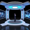 Futuristic Exhibition Hall with Circular Design Blue Lighting Digital Screen and Person Interaction