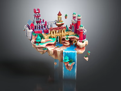 Cartoon Scene Of Floating Island With Colorful Castles Buildings Trees And Waterfall 3d model