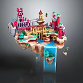 Cartoon Scene Of Floating Island With Colorful Castles Buildings Trees And Waterfall