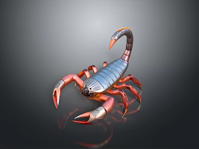Realistic Reptile Scorpion With Red Claws Blue Body And Curved Tail On Dark Reflective Surface 3d model