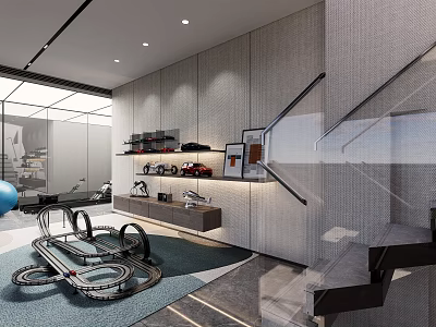 Modern Entertainment Room Interior Design With Racetrack Gym Equipment And Staircase 3d model