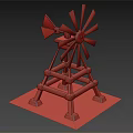 Decorative Wooden Windmill Model With Red Brown Structure Blades On Square Base