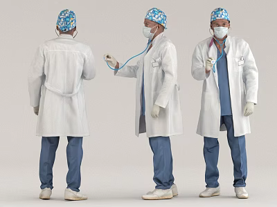Men in White Lab Coats Blue Scrubs and Surgical Caps with Stethoscope Different Views 3d model