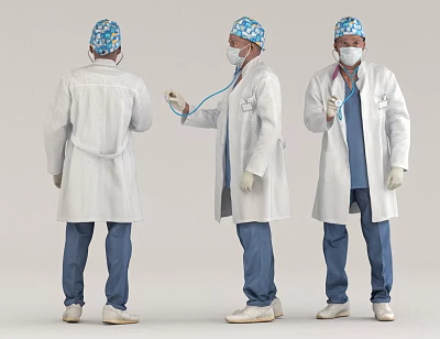 Men in White Lab Coats Blue Scrubs and Surgical Caps with Stethoscope Different Views 3d model