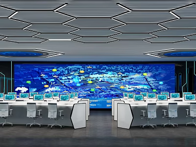 Modern Monitoring Room With Large Blue Monitoring Screen City Map Markers And Multiple Computer Workstations 3d model