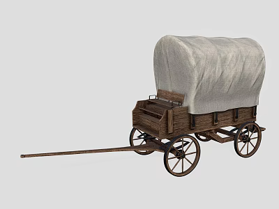 Vintage Covered Wagon With Wooden Structure Black Wheels And Gray Canvas Cover 3d model