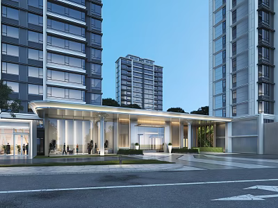 Modern High Rise Residential Entrance Gate With Glass Curtain Walls And Canopy Design 3d model