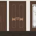 Elegant Wooden Double Doors With Brass Hardware Glass Inserts And Decorative Patterns 3d model