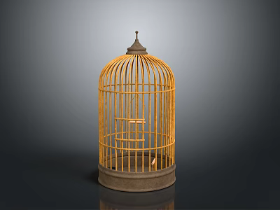 Decorative Yellow Birdcage As Household Item With Metal Frame Base And Spire Top 3d model